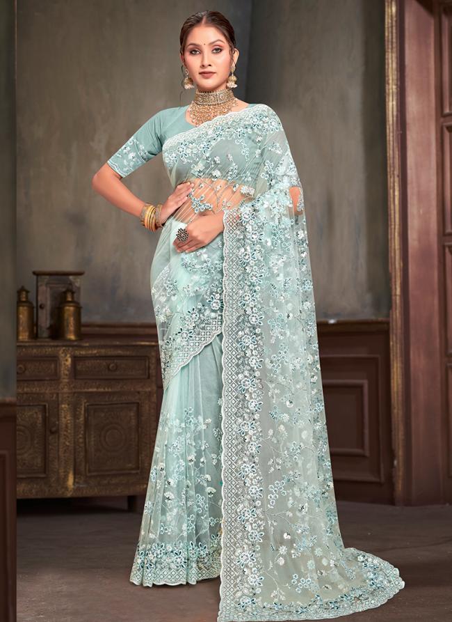 Net Sky Blue Wedding Wear Sequins Work Saree